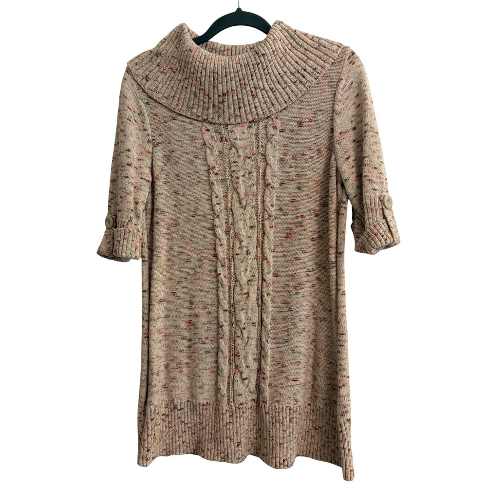 Christopher & Banks Medium Beige Space Dye Cable Knit Cowl Neck Tunic Sweater